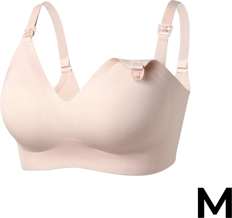 A blush pink nursing bra with adjustable straps and clip-down cups for breastfeeding. A large letter 'M' is in the bottom right corner.