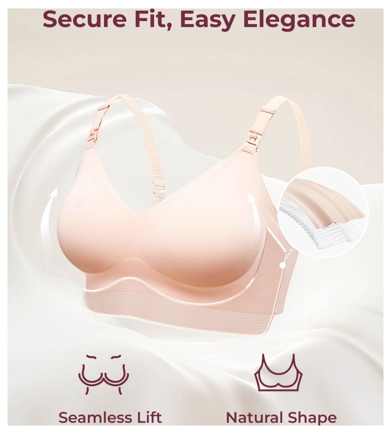 A seamless, peach-toned bra on a silky fabric background. Text reads 'Secure Fit, Easy Elegance' with icons showing 'Seamless Lift' and 'Natural Shape'.