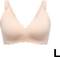 Light pink, seamless bra with adjustable straps and scalloped edges. Size 'L' is indicated at the bottom right.
