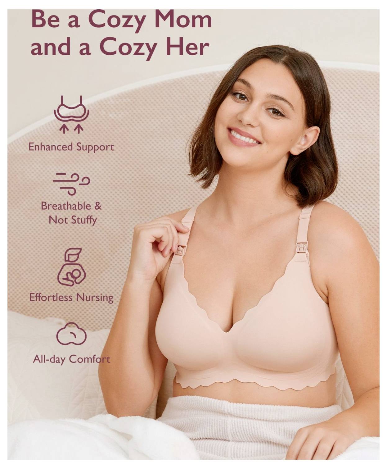 A woman wearing a soft pink bra sits smiling. Text highlights features: 'Enhanced Support', 'Breathable & Not Stuffy', 'Effortless Nursing', 'All-day Comfort'.