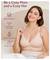 A woman wearing a soft pink bra sits smiling. Text highlights features: 'Enhanced Support', 'Breathable & Not Stuffy', 'Effortless Nursing', 'All-day Comfort'.