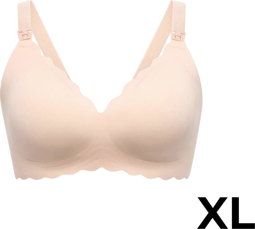 A light peach scalloped-edge bra with adjustable straps, labeled 'XL' in the bottom right corner.