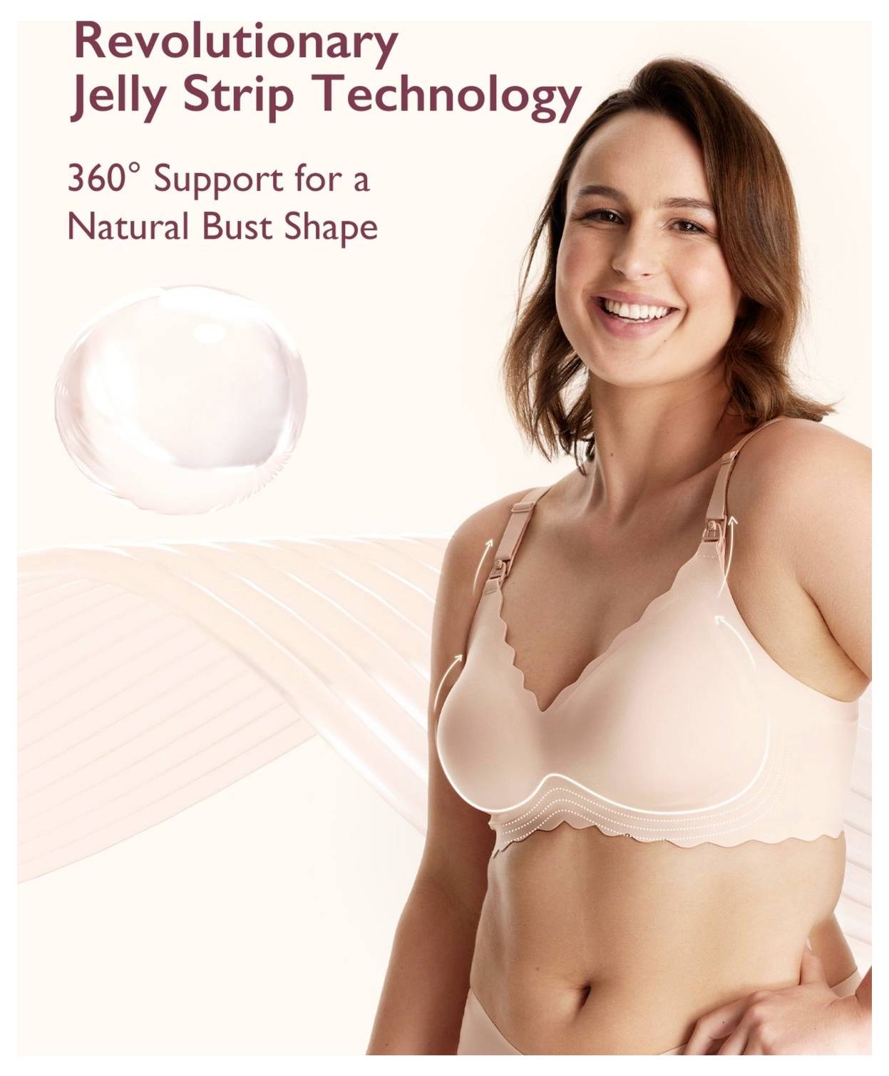 A smiling person wearing a beige bra demonstrates 'Revolutionary Jelly Strip Technology' with '360° Support for a Natural Bust Shape' text.