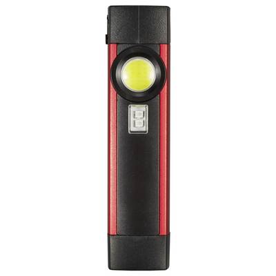 Close-up of a black and red LED flashlight with a yellow light lens and side power button.