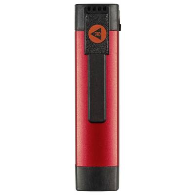 A red and black USB flash drive with a black clip and orange logo on the front.