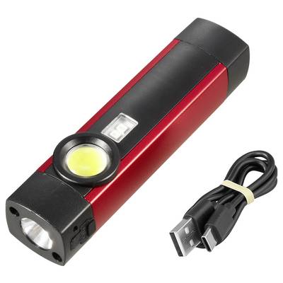 Red rechargeable flashlight with side COB light, front beam, and included USB charging cable.