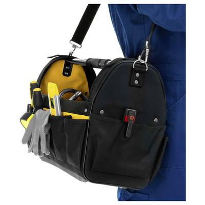 Technician carrying a black tool bag with yellow interior and hand tools, hanging from a shoulder strap against a white background.