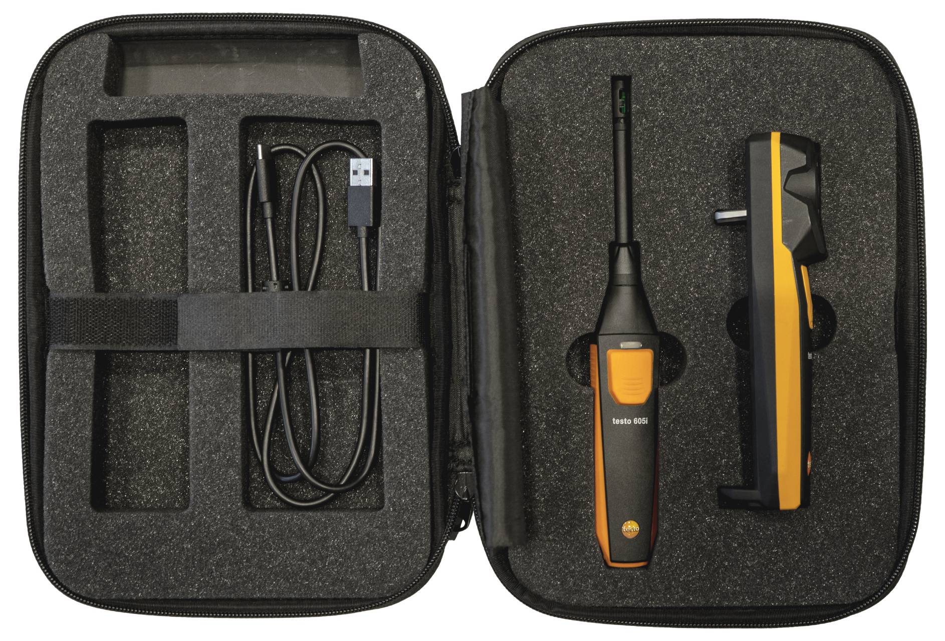 A case containing a digital instrument set with two orange and black devices and a USB cable, designed for measuring temperature and humidity.