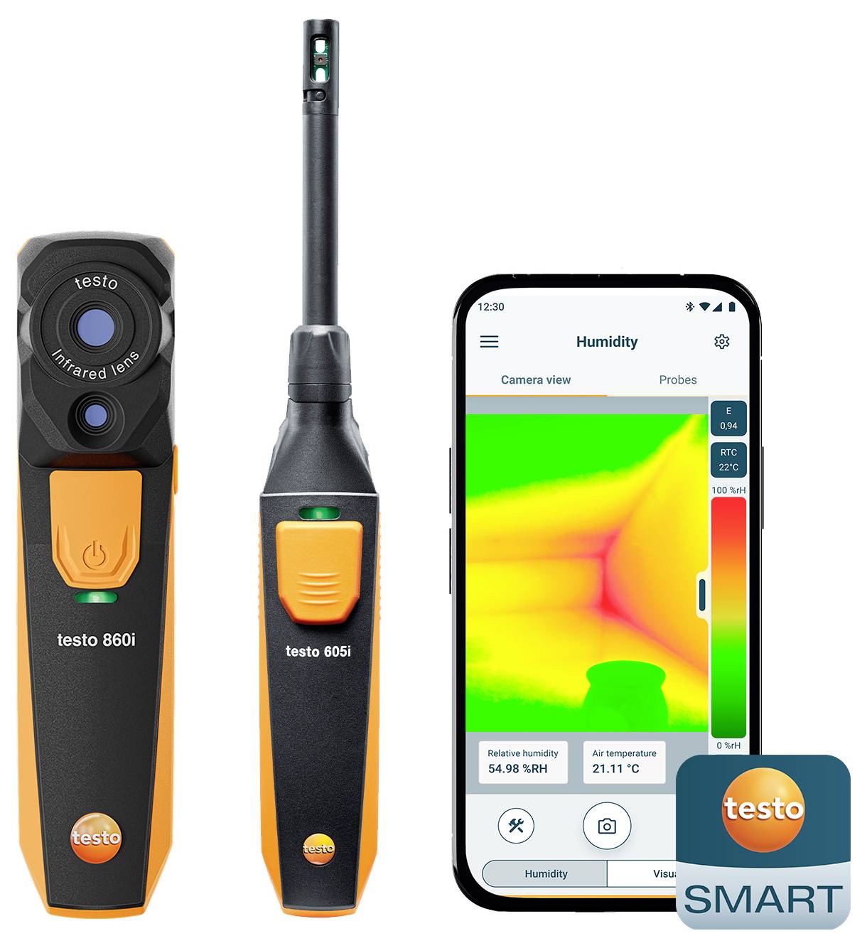 'Testo SMART' devices: an infrared camera and a probe, alongside a smartphone displaying humidity readings and thermal imaging results.
