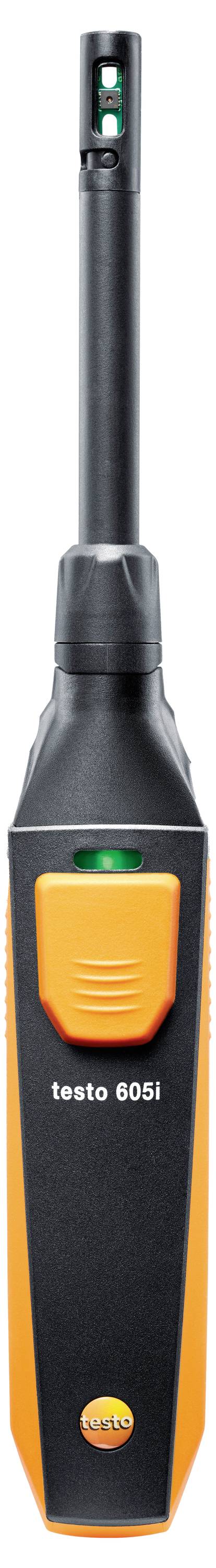 A handheld digital thermometer with an integrated humidity probe, labeled 'testo 605i', featuring a bright orange and black design.