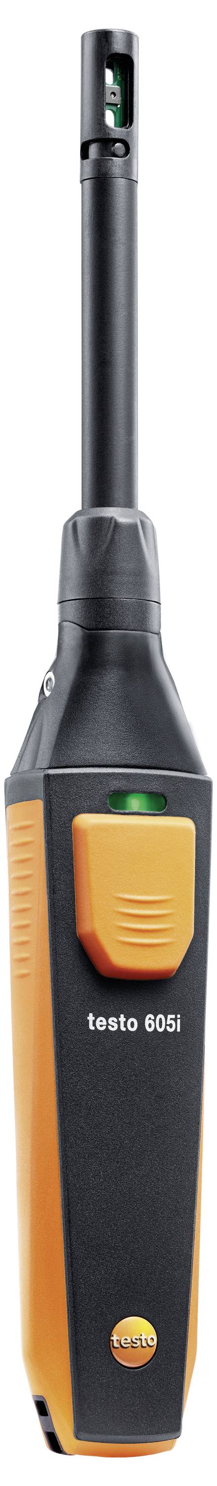 Handheld digital instrument with a black and orange body, labeled 'testo 605i,' featuring a probe at the top for measuring air parameters.