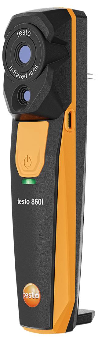 A handheld infrared thermometer with a lens, power button, and brand label 'Testo 860i'. It features an orange and black design.