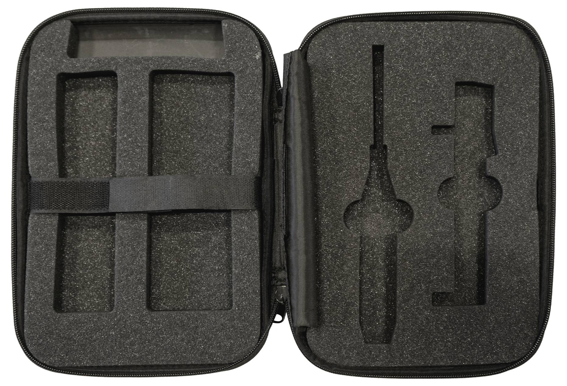 Open black foam case with cutouts designed for holding tools or equipment, two compartments on the left and two on the right.