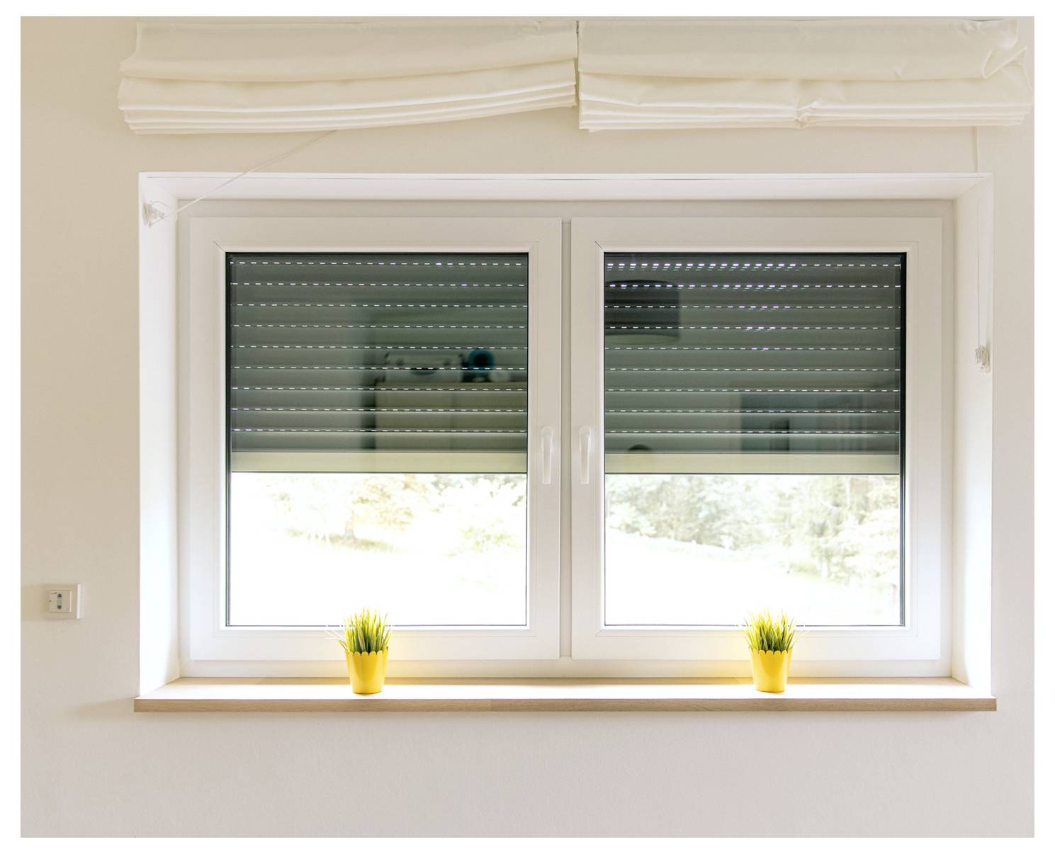 Two potted plants sit on a window ledge beneath a white-framed, double-pane window with partially closed blinds in a bright room.
