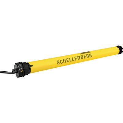 A yellow motor tube labeled 'Schellenberg' with black end cap and attached cable, used for operating roller shutters.