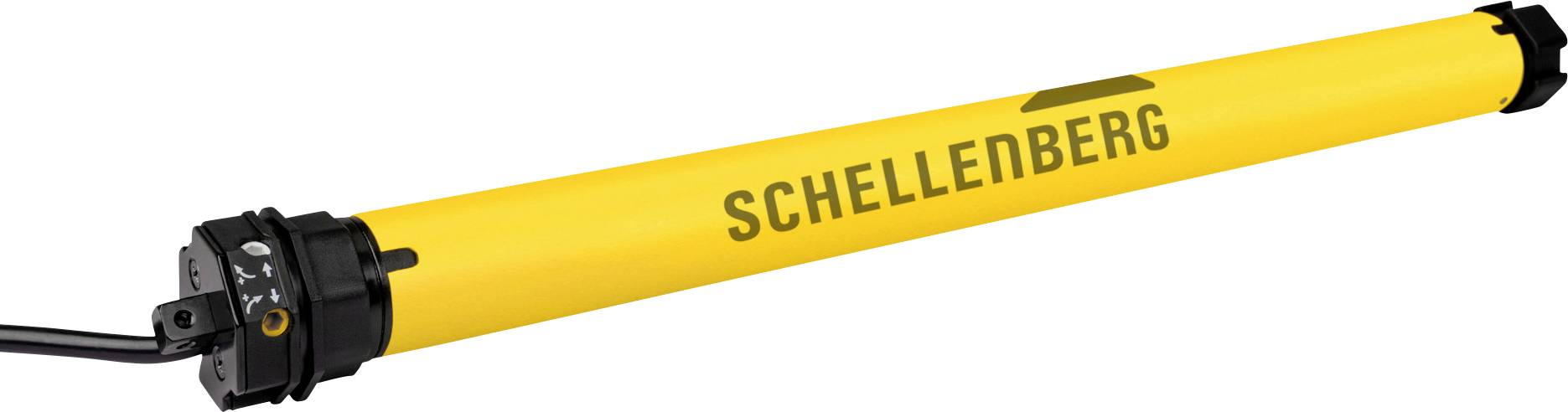 A long, yellow, tubular motor labeled 'Schellenberg' with electrical connectors on one end, used for automation in roller shutters or blinds.