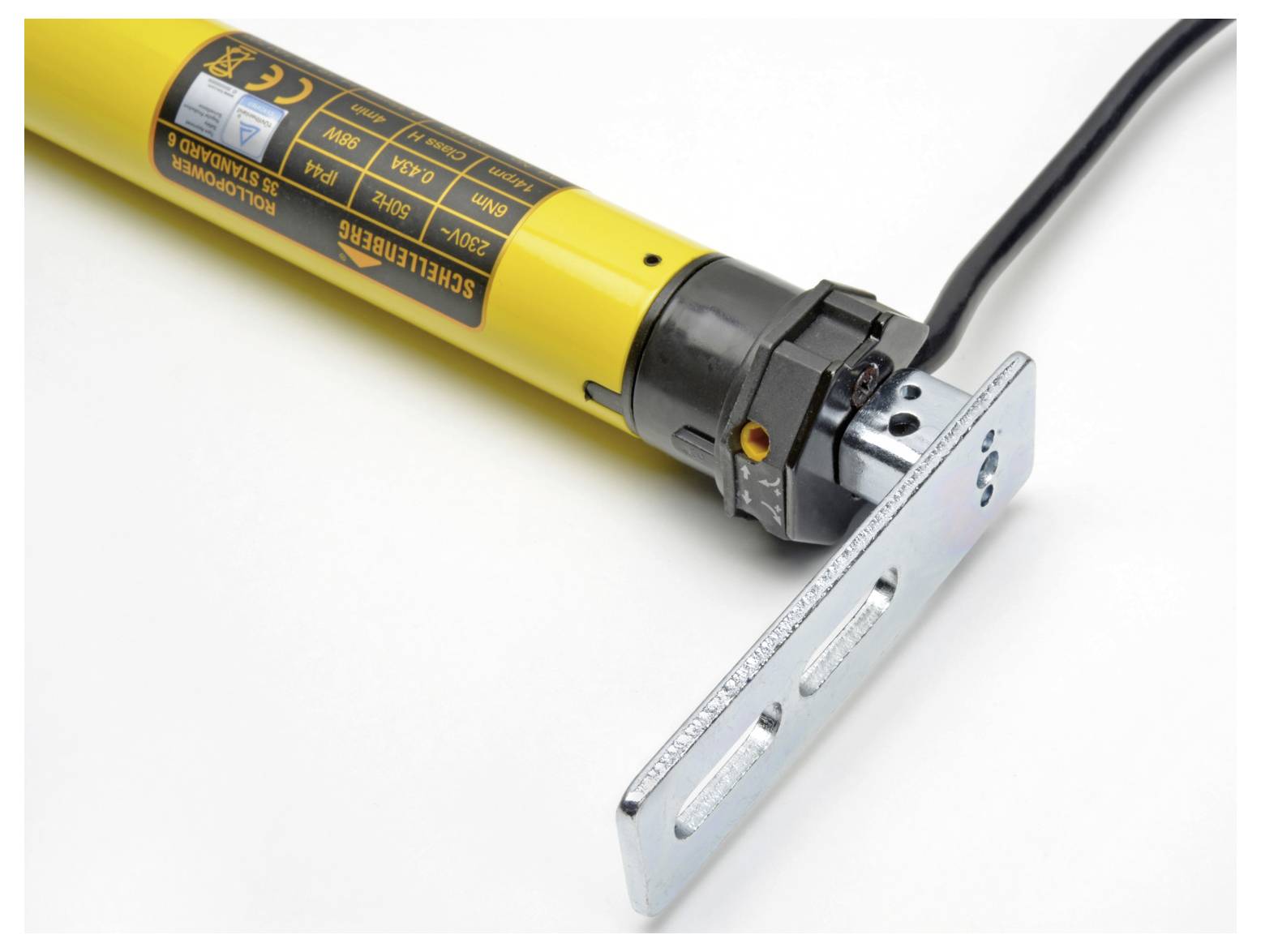 A yellow electric tubular motor with a black and silver mounting bracket attached. A cable is connected for power supply.