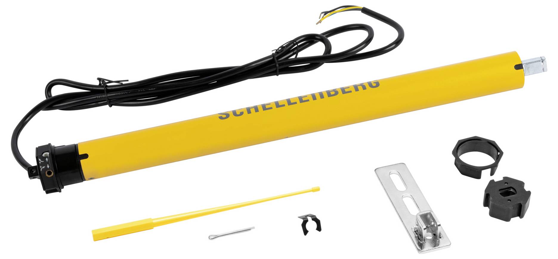 Yellow cylindrical motor labeled 'Schellenberg' with attached black cable, alongside mounting hardware and installation tools. Ideal for roller shutters.