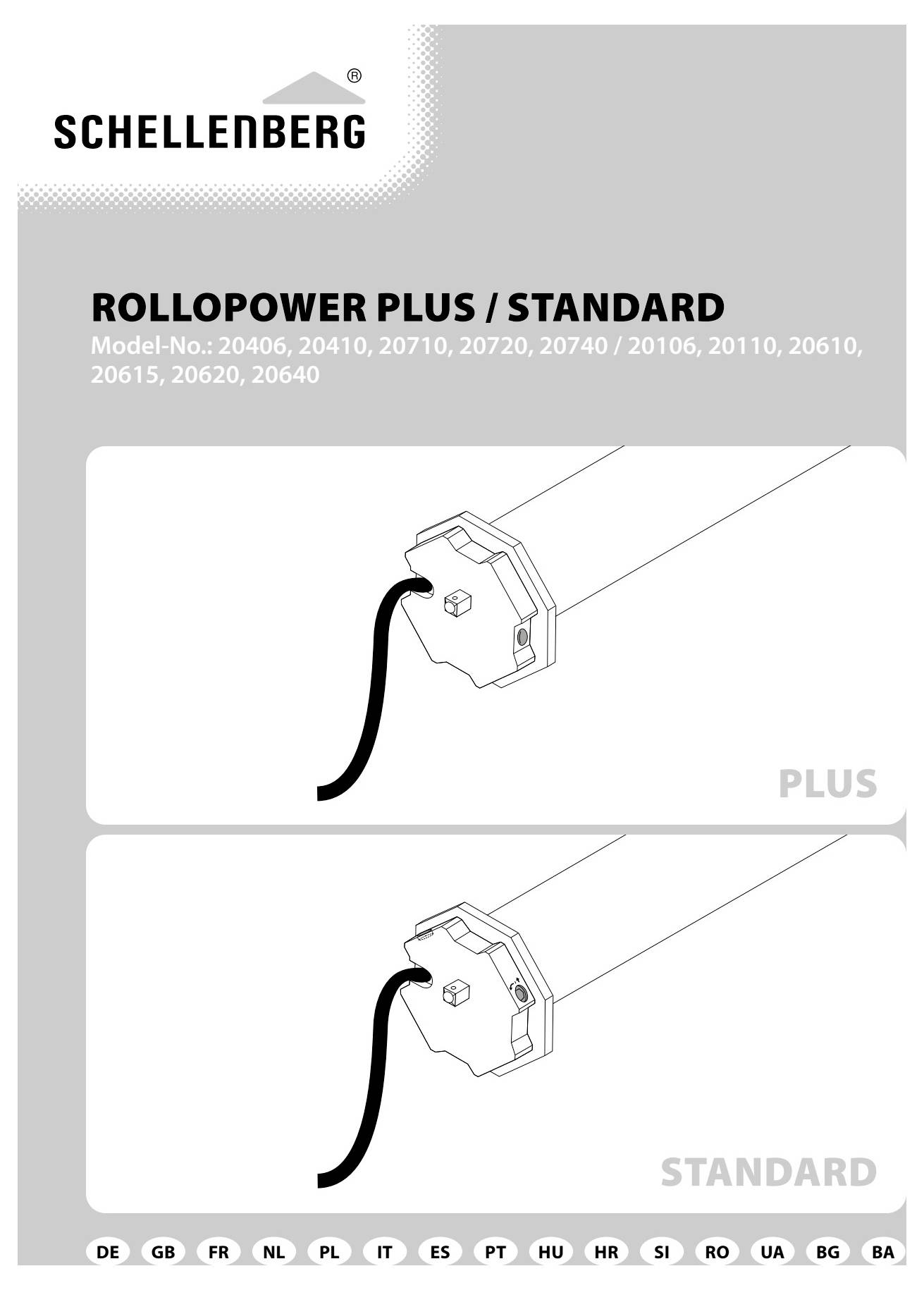 'ROLLOPOWER PLUS / STANDARD' motor installation diagram showing two versions: PLUS and STANDARD, with wire connection details.
