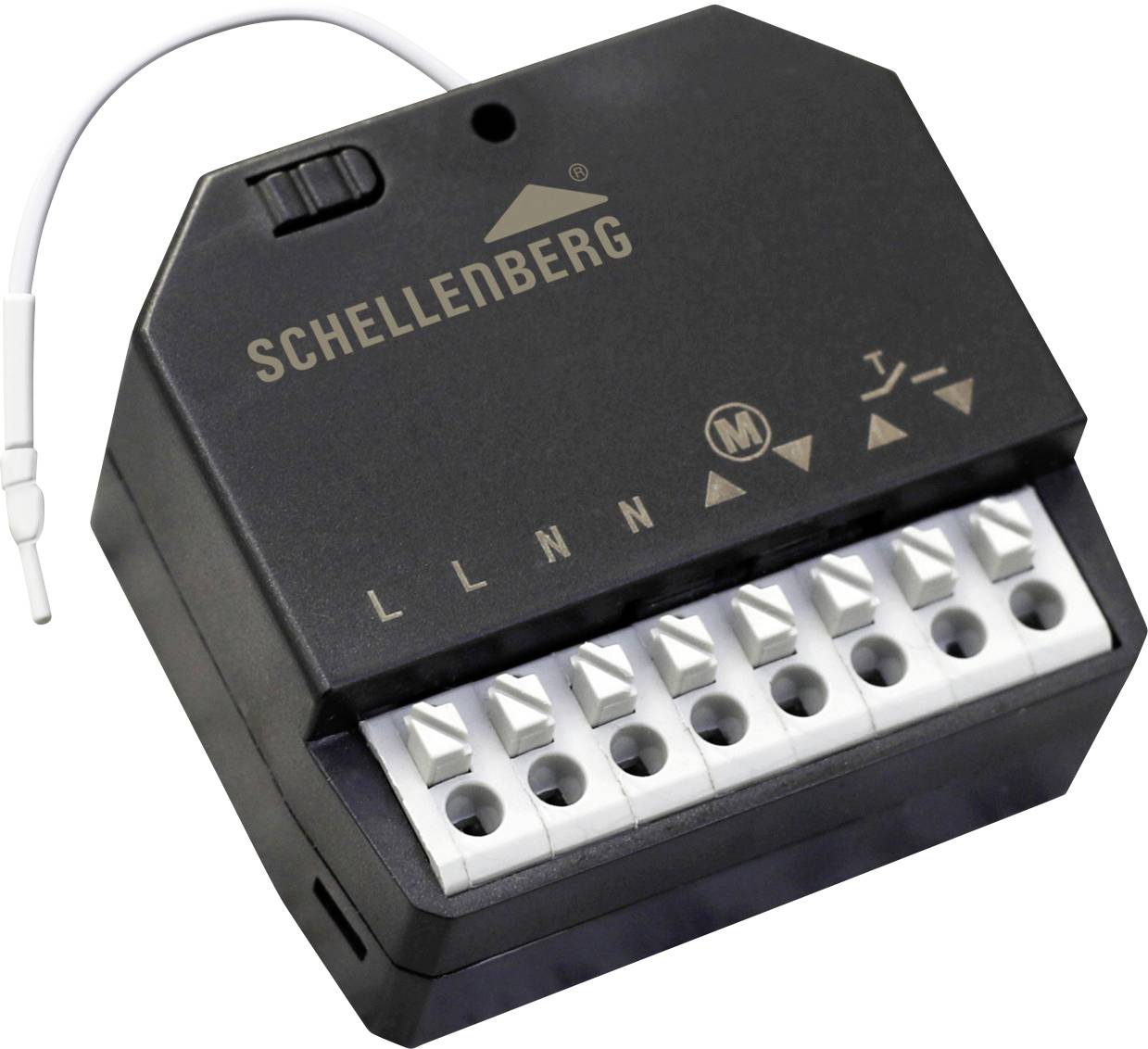'Schellenberg' smart home device controller with multiple wiring ports, including labeled 'L', 'N', and 'M' terminals.