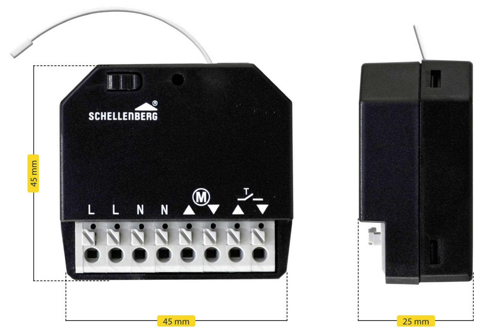 A black Schellenberg electronic device, 45 mm wide and 45 mm tall, with ports labeled L, N, M, and a switch, side depth 25 mm.