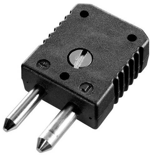 'Black electrical plug adapter with two metal prongs, used for connecting devices to a power source.'