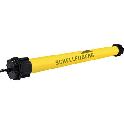 A yellow cylindrical motorized roller tube with 'SCHELLENBERG' printed in black, used for operating window blinds or shutters.