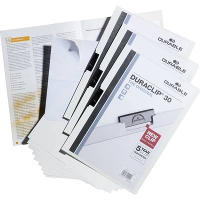 A stack of clipboards with the label 'Duraclip 30' and attached brochures, promoting a 5-year guarantee and a new clip feature.