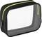 A black toiletry bag with a transparent front and a yellow zipper. It has a tag on the side.