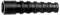 Black ribbed hose connector fitting with a wider opening on one end and ridged tapered body on a white background