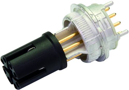 An electrical circular connector with a black protective cap and exposed gold pins on a white background.