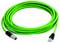 Bright green Ethernet cable coiled on white background, with metal connector on one end and RJ45 plug on the other.