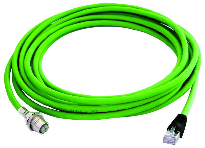 Bright green Ethernet cable coiled with metal connector on one end and RJ45 plug on the other<br>