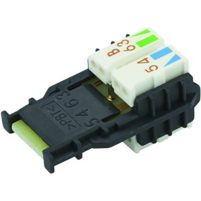 Close-up of a black and white electrical wire connector terminal block with numbered ports and colored labels.<br>