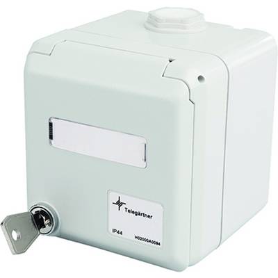 White locked electrical enclosure box with a key lock, cable entry points, and a label reading 'Telegrapher' and 'IP44'.