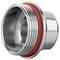 Close-up of a shiny metal threaded pipe fitting with a red sealing ring, shown on a white background.