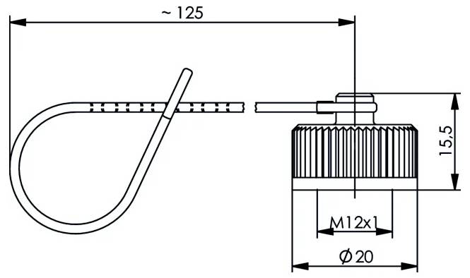 Technical line drawing of a wire loop and cylindrical fitting with dimensions: about 125 mm long, 15.5 mm high, M12x1 thread, and 20 mm diameter.