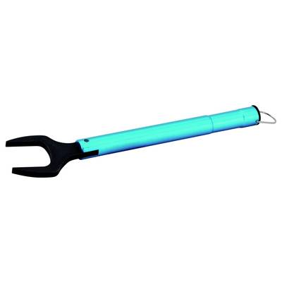 A turquoise and black grabber tool with a forked claw and loop handle, shown on a white background.