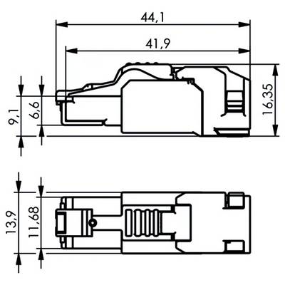 Technical drawing of an RJ45-style plug showing side and top views with dimensions labeled 44,1; 41,9; 16,35; 13,9; 11,68; 9,1; and 6,6.