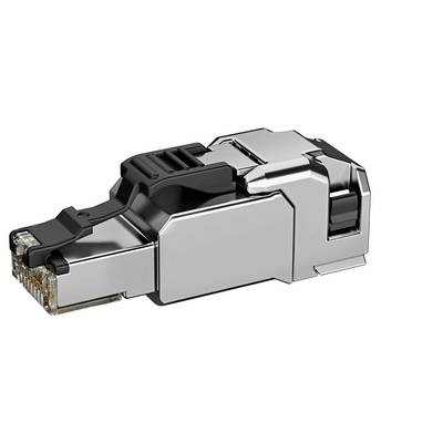 Close-up of a shielded Ethernet cable connector plug, shown in silver and black.