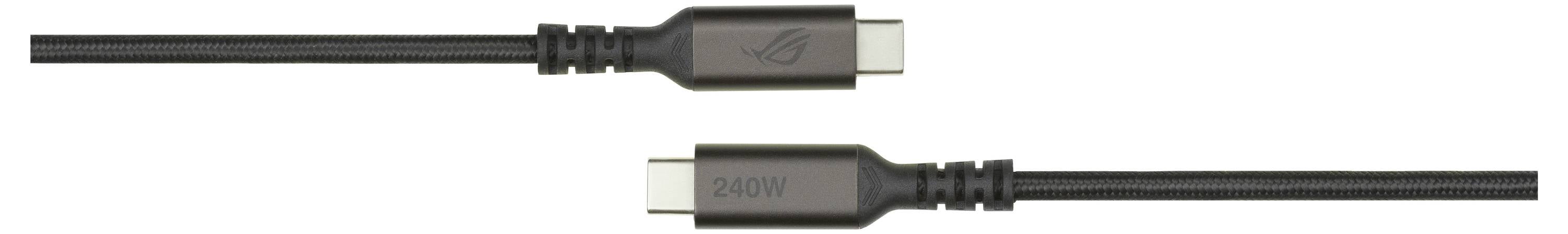 Two black cables with USB-C connectors. The top cable has a logo, and the bottom one is labeled '240W', indicating power capacity.