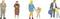 Four small figurines: a man in a suit, a woman in a dress, a woman in blue holding flowers with a child, and a man with a child and a bag.