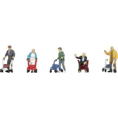 Five miniature figures of elderly people with walkers or wheelchairs, each waving or standing.