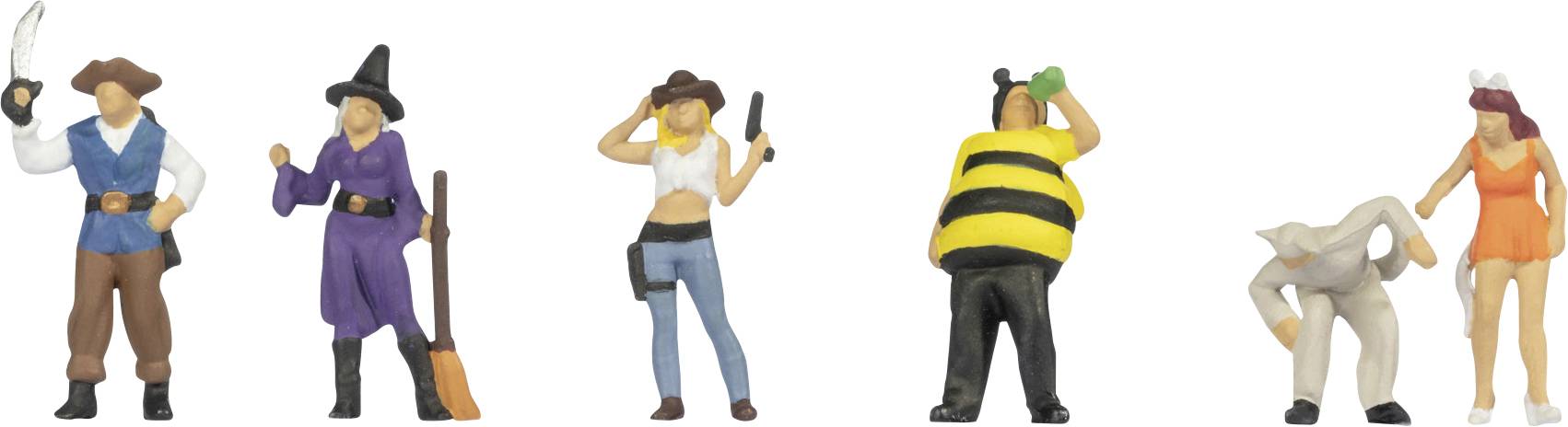 'Miniature figures in costume: pirate, witch, cowgirl, bee, creature, fairy. Each poses uniquely, evoking a playful, festive theme.'