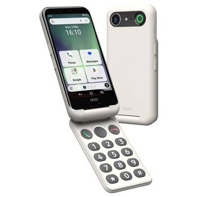 A white flip phone with large buttons, showing home screen with 'Phone', 'Messages', 'Camera', and 'Play Store' icons.