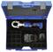 Blue L-BOXX case open, showing hydraulic crimping tool on top, battery charger, and storage compartments within the foam inserts.