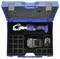 A blue toolbox containing a handheld power tool with a metal jaw, a battery charger, and two batteries in designated slots.