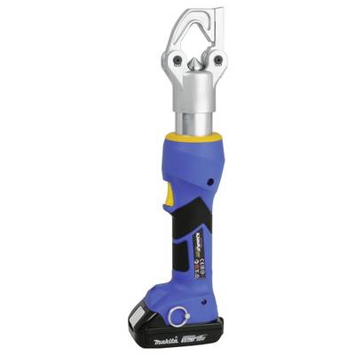 A blue and yellow hydraulic cutting tool with a metallic head, black base, and ergonomic handle designed for power and precision cutting.