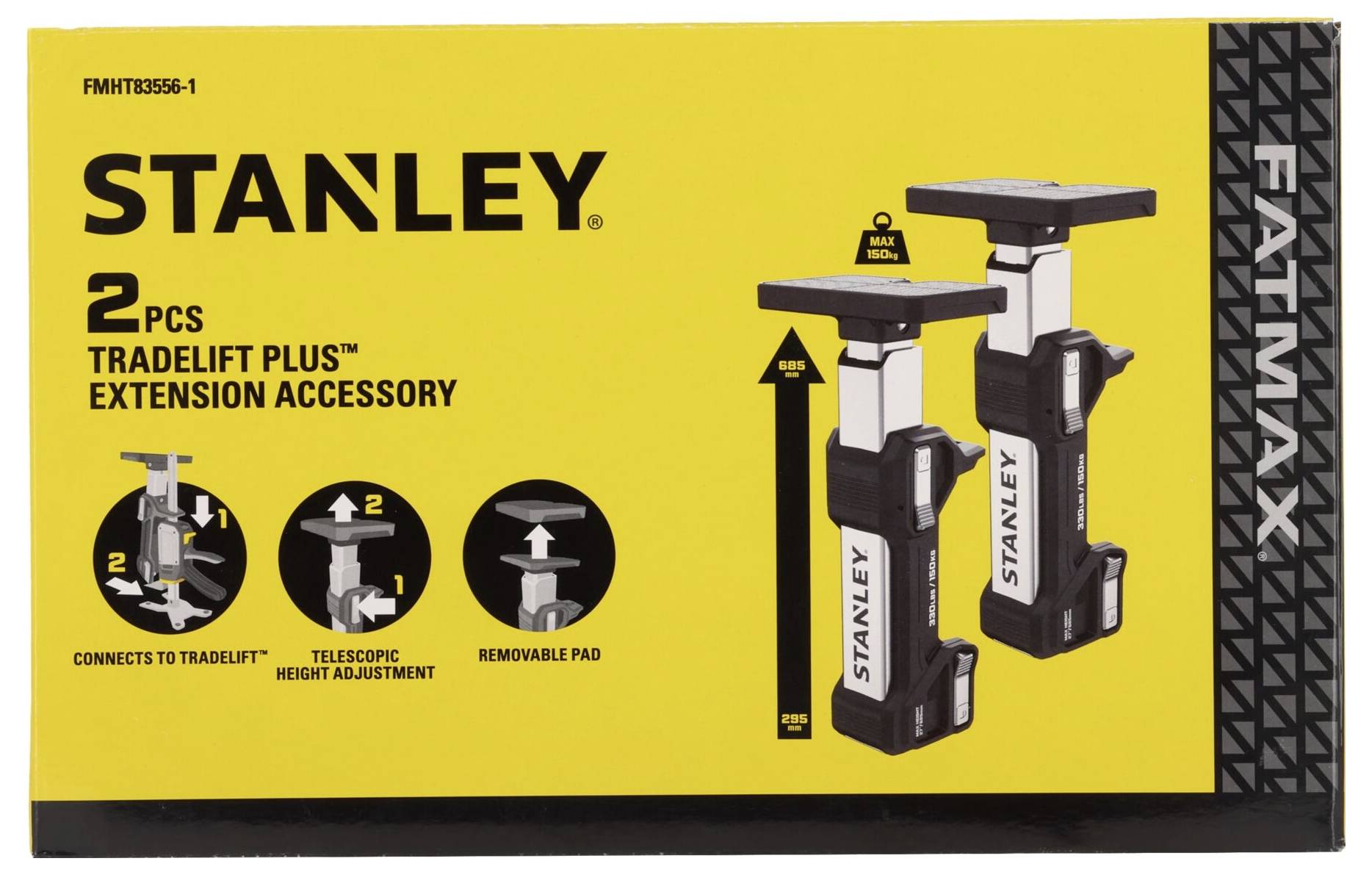 'Stanley 2 pcs Tradelift Plus Extension Accessory.' Features: connects to Tradelift, telescopic height adjustment, removable pad.