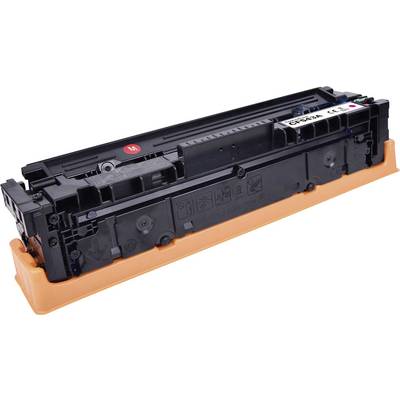 Black printer toner cartridge with orange packaging tray, shown isolated on a white background.